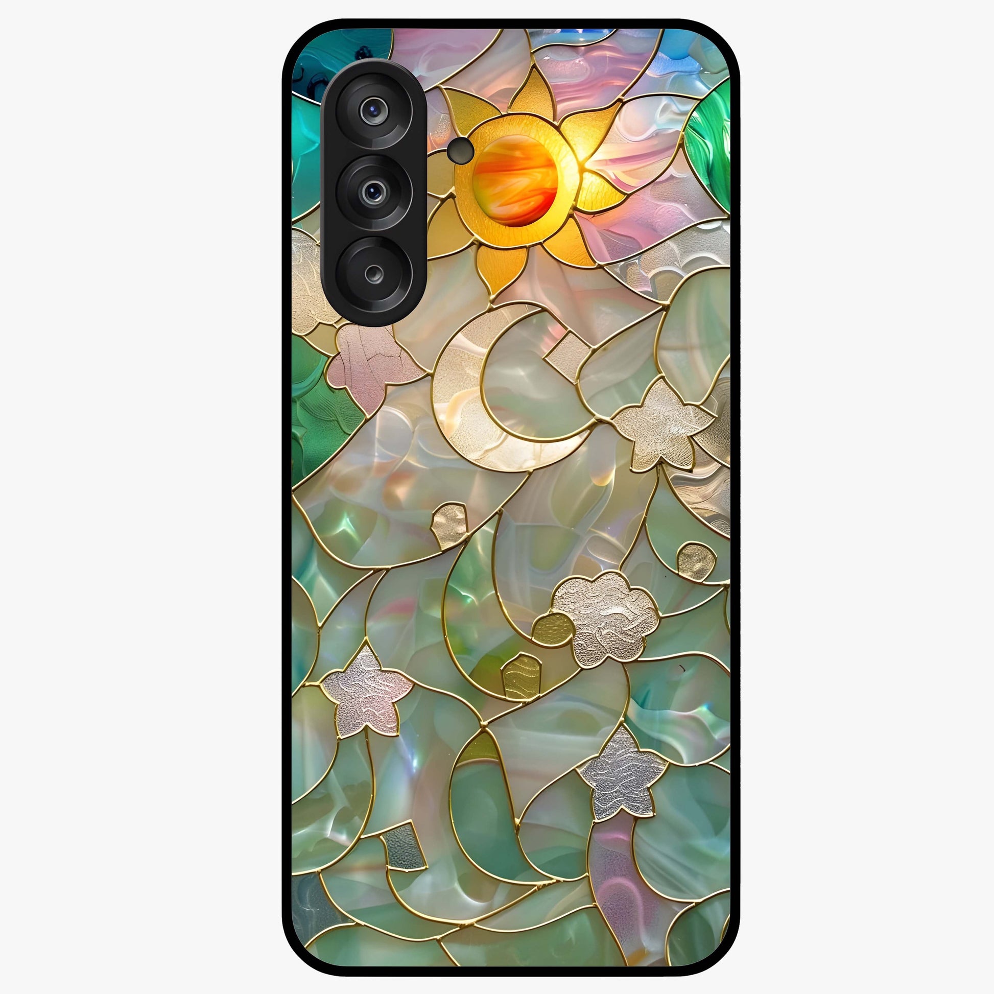 Stained Sunrise Glow Glass Case showing flat back view with glowing sunrise stained pattern artwork and glossy glass finish.