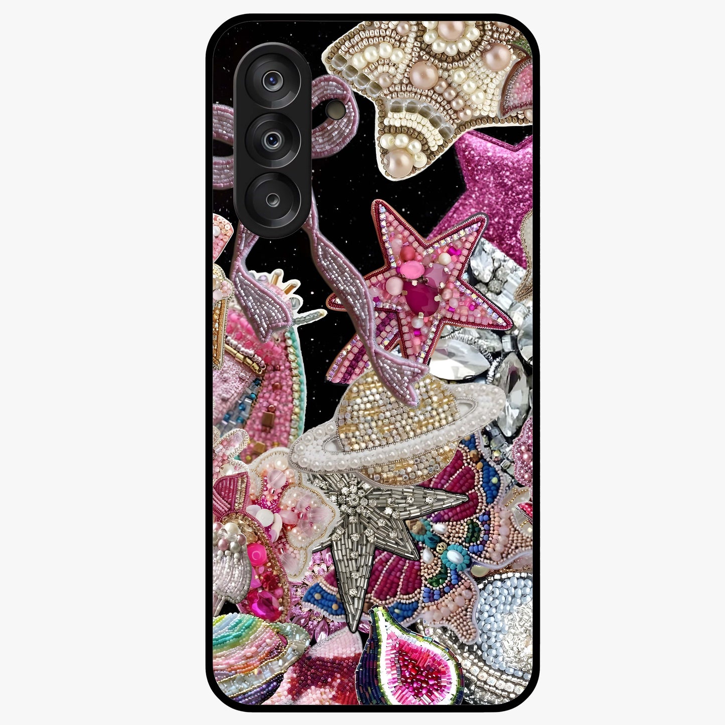 Starlit Jewel Dream Glass Case showing flat back view with sparkling jewel and star themed artwork and glossy glass finish.