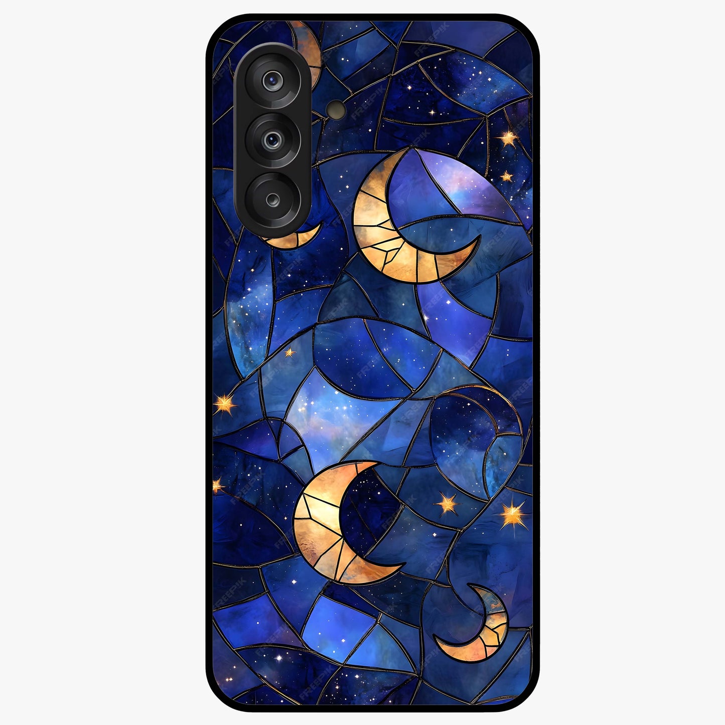 Starlit Sky Tapestry Glass Case showing flat back view with decorative starry sky tapestry artwork and glossy glass finish.