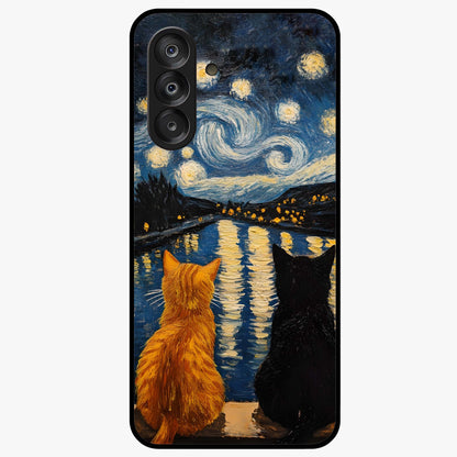 Starry River Cats Glass Case showing flat back view with cats by a starry river artwork and glossy glass finish.