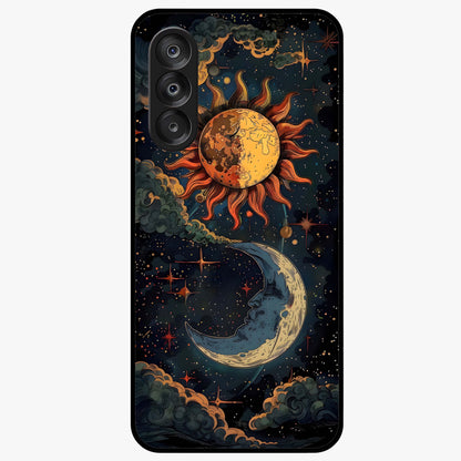 Sun And Moon Magic Design Glass Case showing flat back view with mystical sun and moon artwork and glossy glass finish.