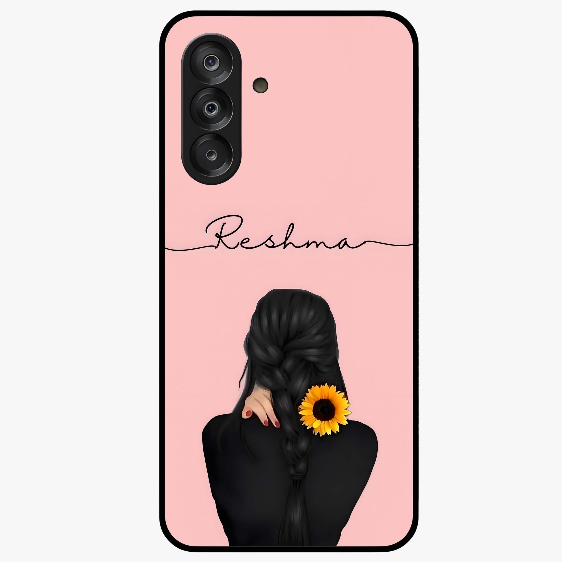 Sunflower Braid Beauty With Custom Name Glass Case showing flat back view with sunflower braid artwork and personalized name design.