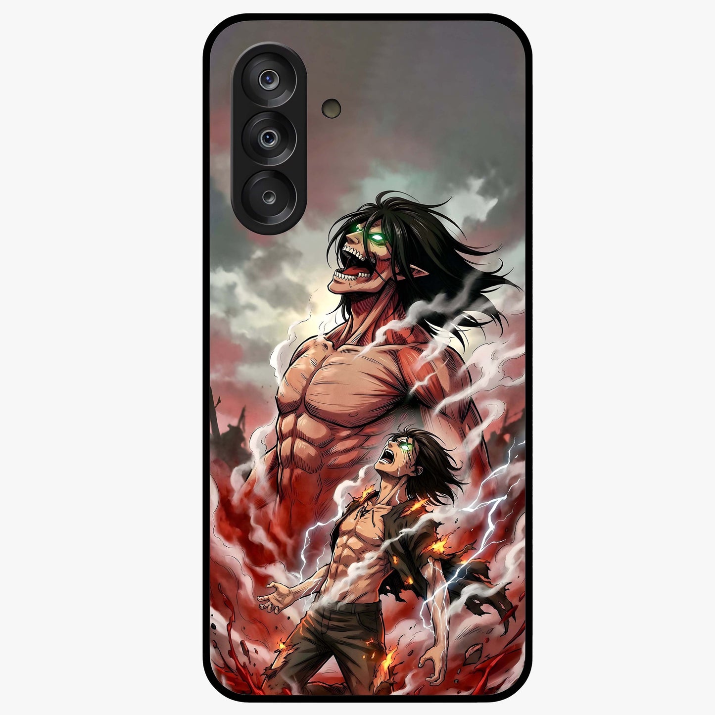 Titan Awakening Fury Glass Case showing flat back view with powerful titan inspired artwork and glossy glass finish.