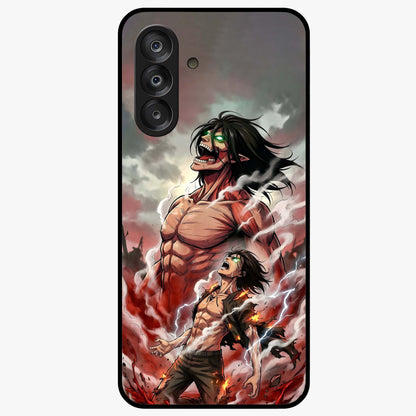 Titan Awakening Fury Glass Case showing flat back view with powerful titan inspired artwork and glossy glass finish.