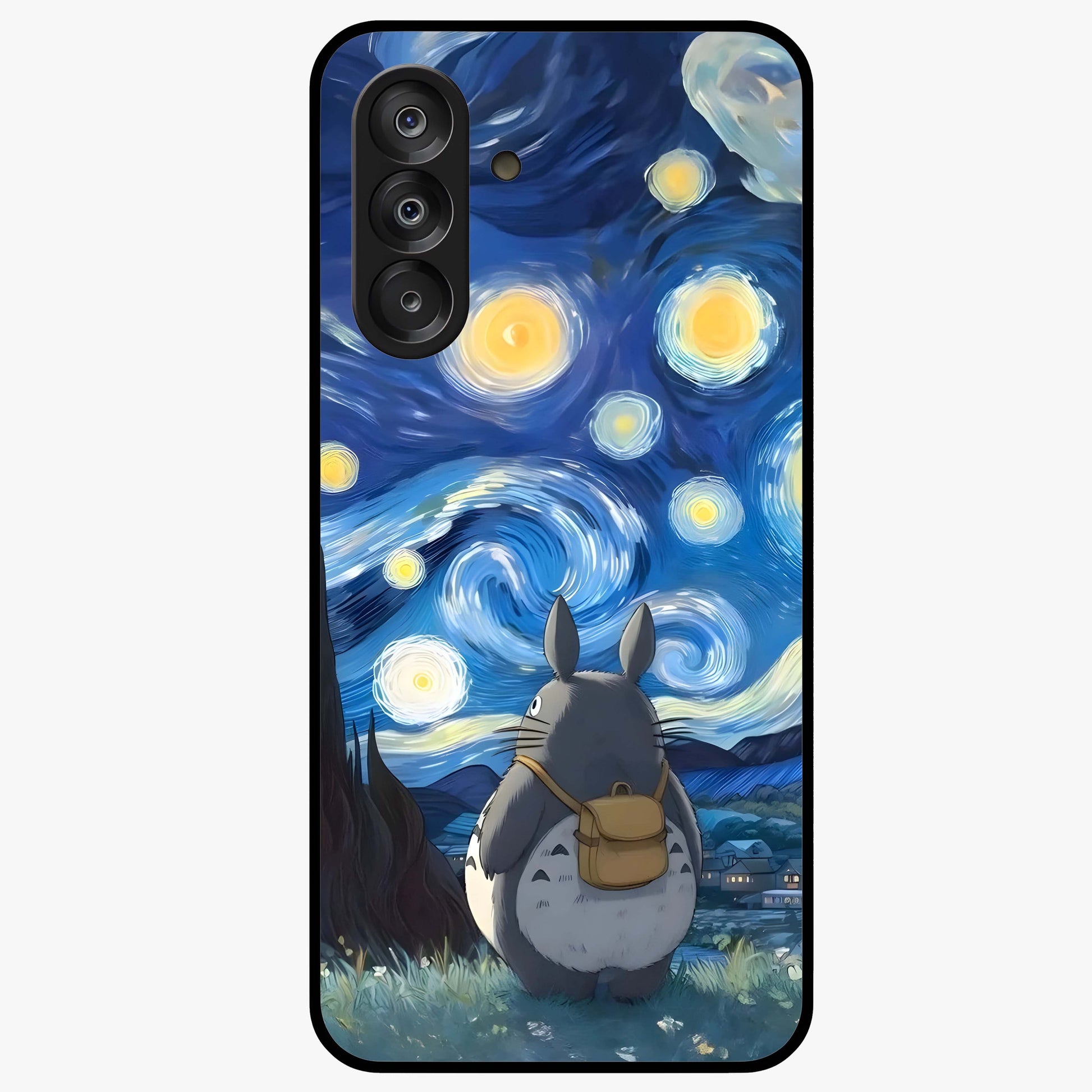 Totoro In Van Gogh Art Glass Case showing flat back view with whimsical character artwork inspired by Van Gogh style and glossy glass finish.
