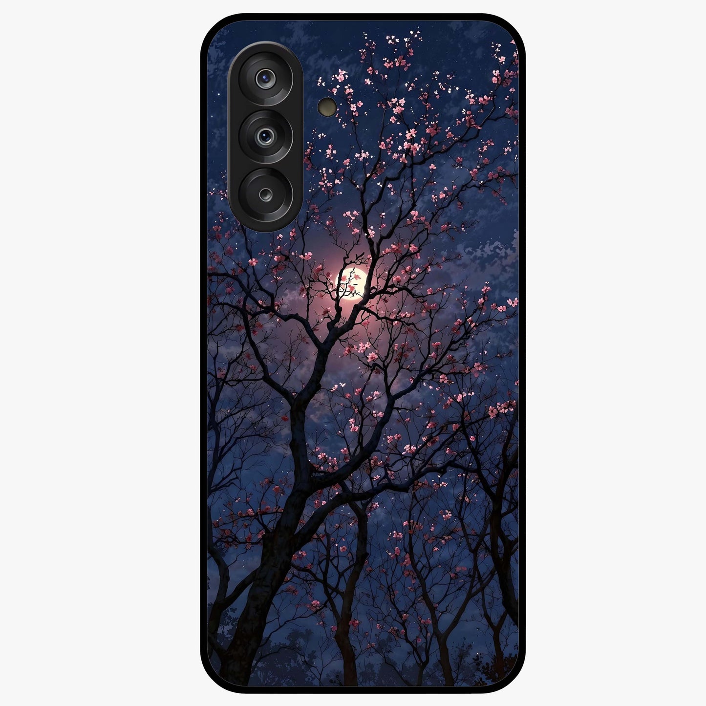Twilight Sakura Serenade Glass Case showing flat back view with cherry blossom artwork at twilight and glossy glass finish.