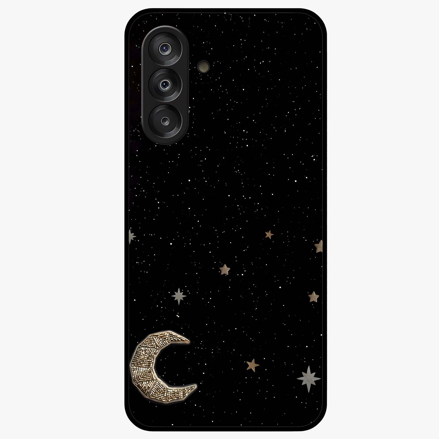 Twinkle Star With Half Moon Glass Case showing flat back view with star and half moon artwork and glossy glass finish.