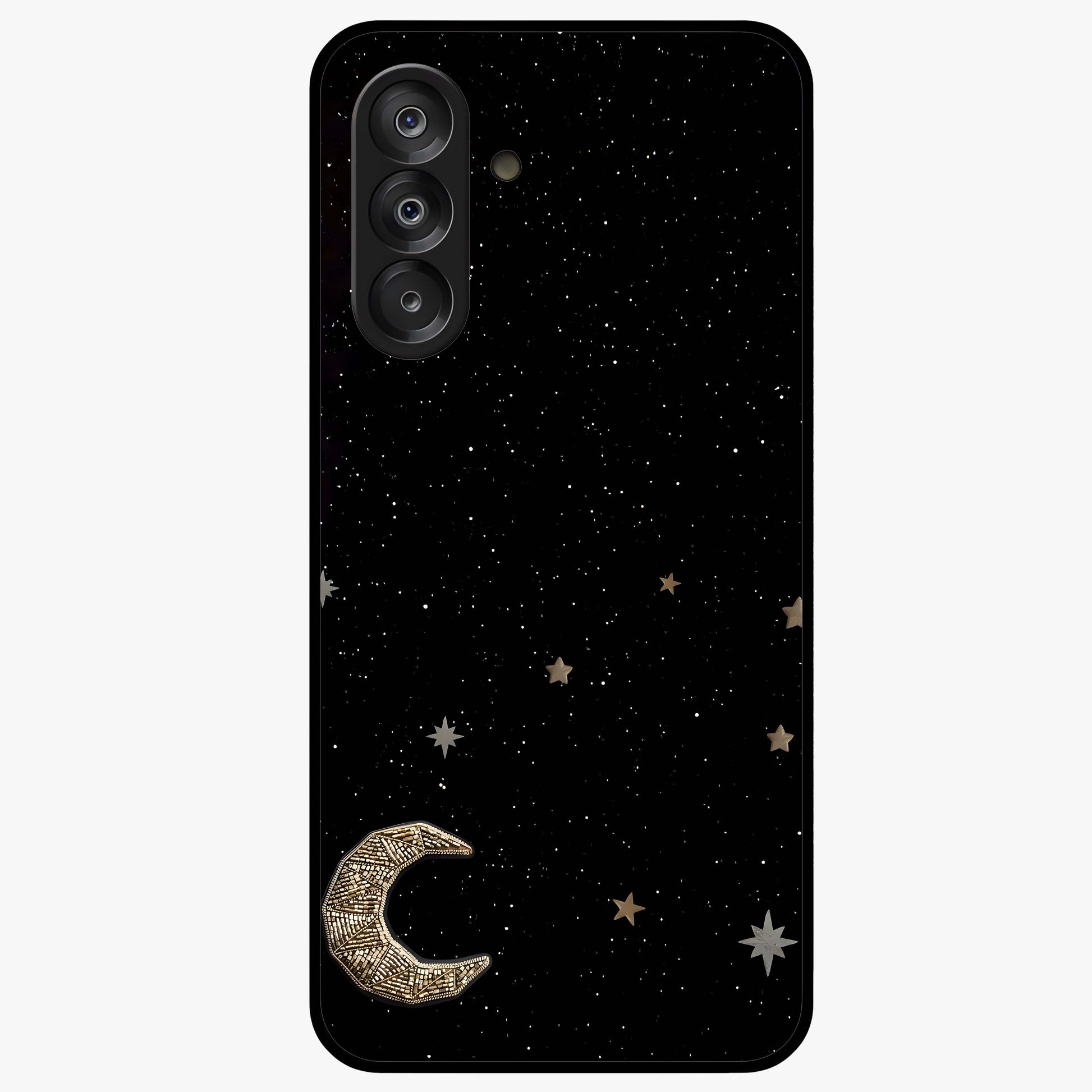 Twinkle Star With Half Moon Glass Case showing flat back view with star and half moon artwork and glossy glass finish.