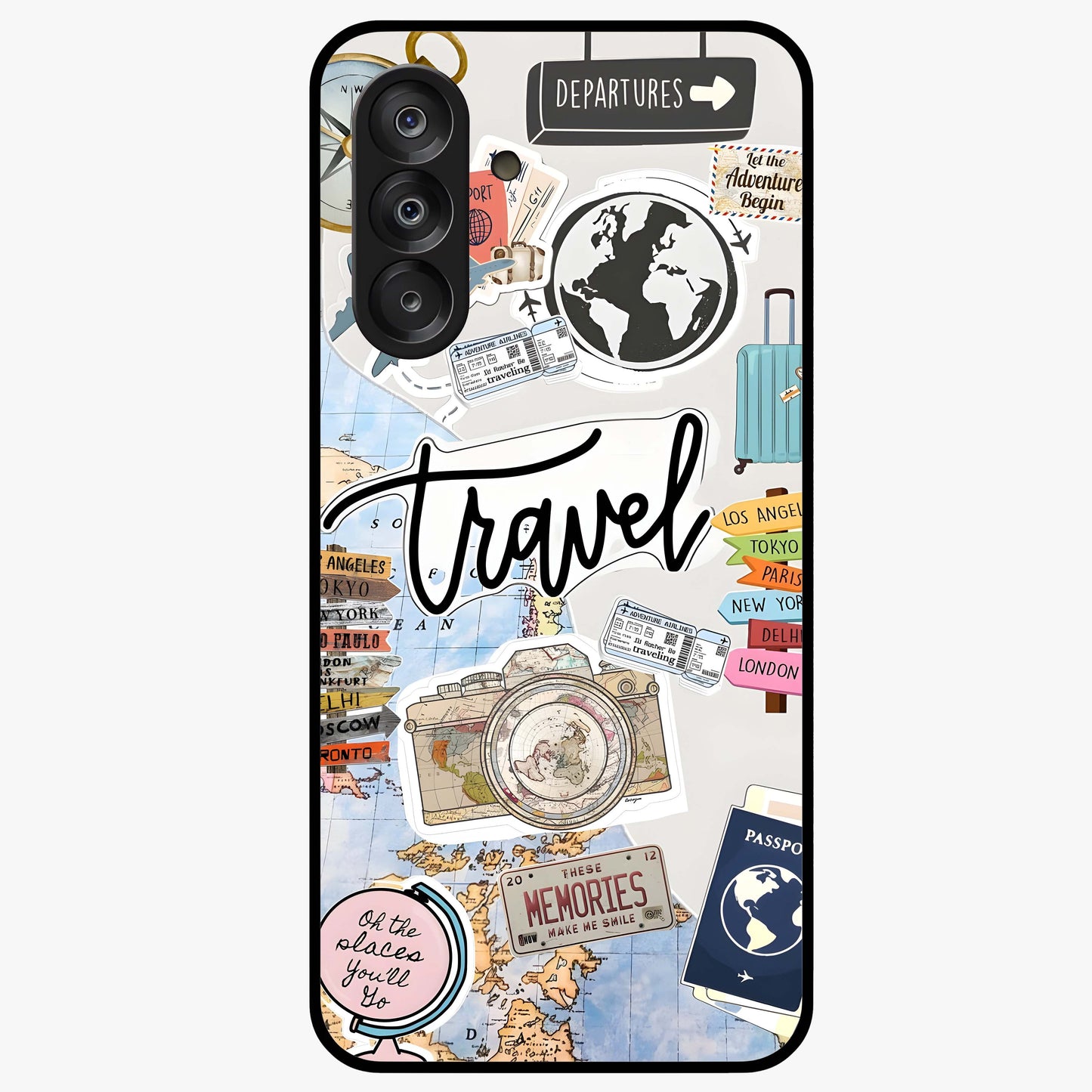 Wanderlust Journal Glass Case showing flat back view with travel inspired artwork and glossy glass finish.