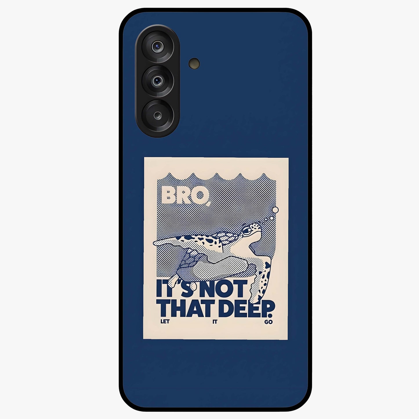 Worry Less Swim Glass Case showing flat back view with playful motivational artwork and glossy glass finish.
