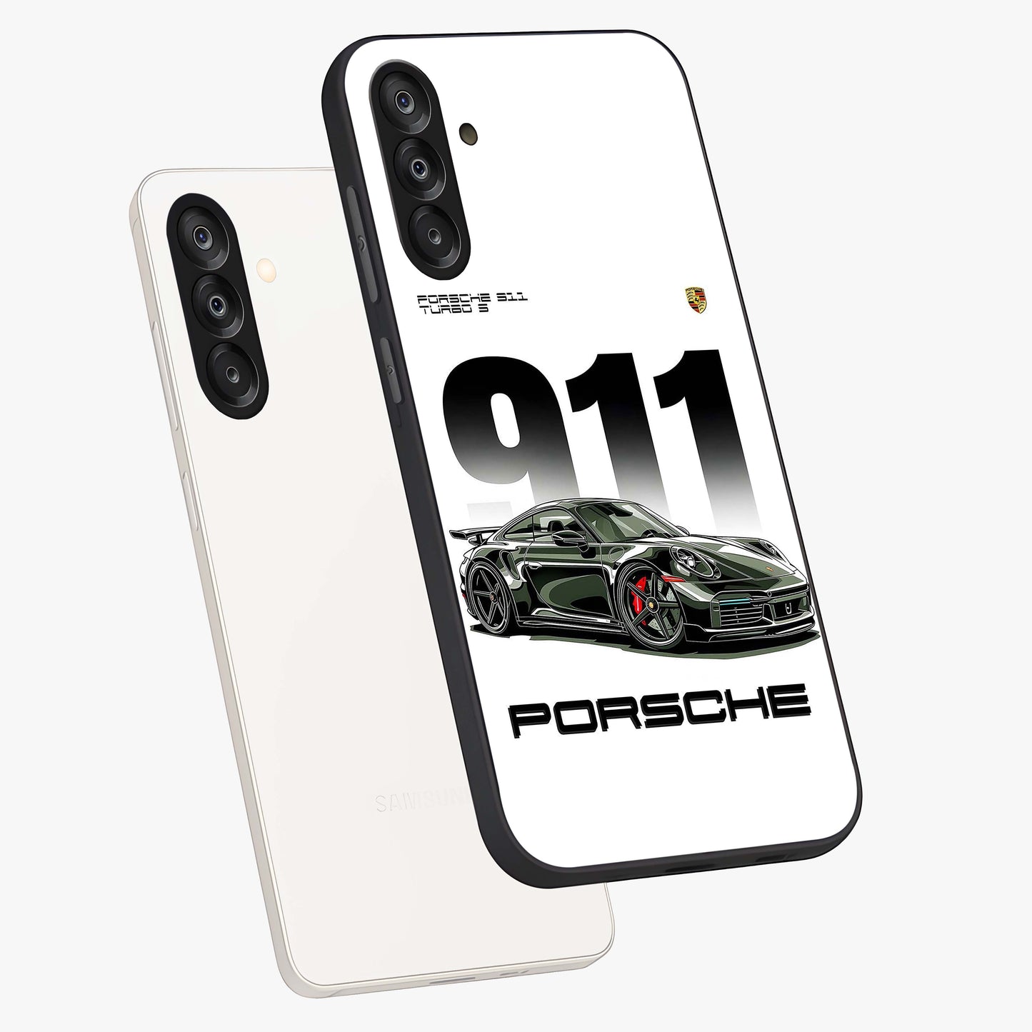 911 Turbo Dominance Glass Case displayed in premium angled mockup highlighting sporty car illustration and sleek glass surface.
