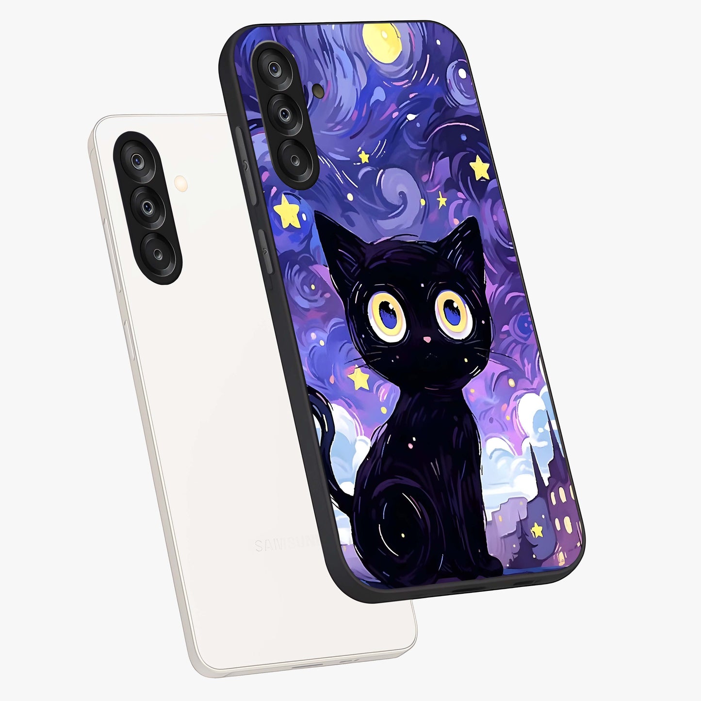 Abstract Cat Art Glass Case displayed in angled mockup highlighting modern abstract cat artwork and sleek glass surface.