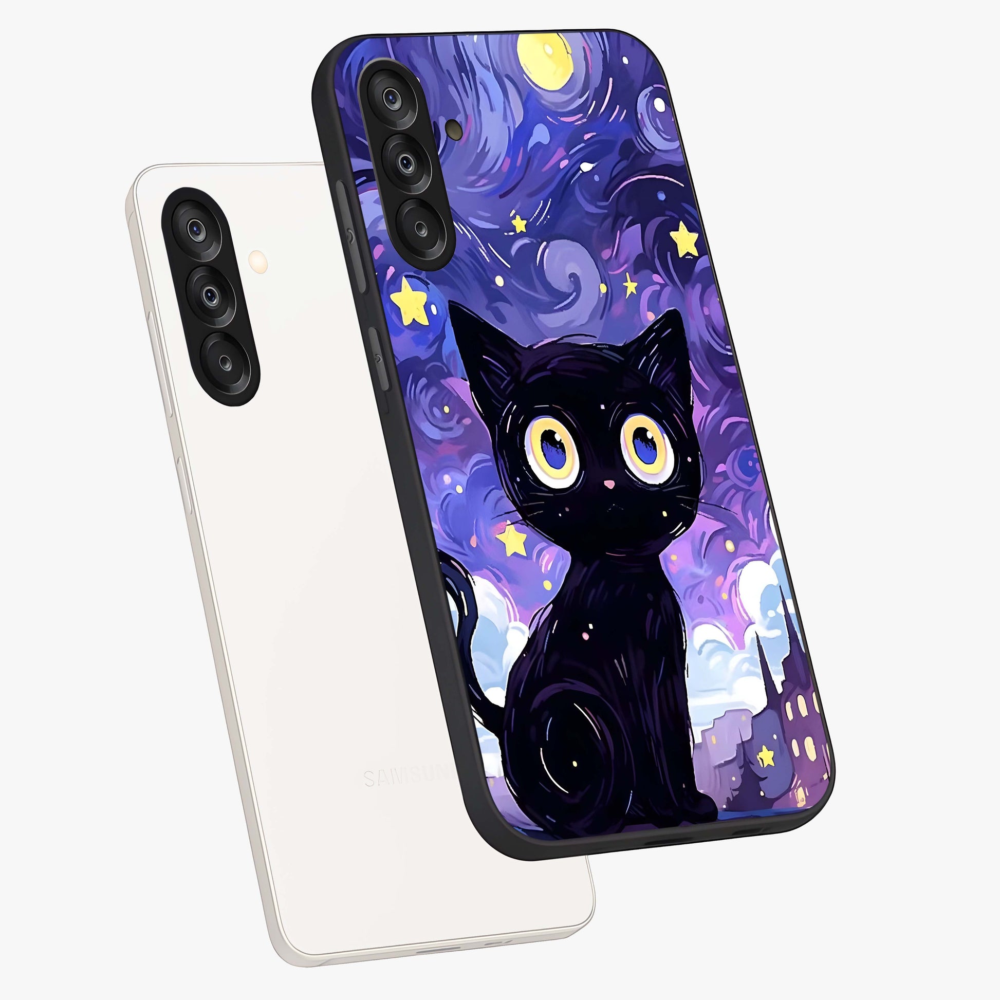 Abstract Cat Art Glass Case displayed in angled mockup highlighting modern abstract cat artwork and sleek glass surface.