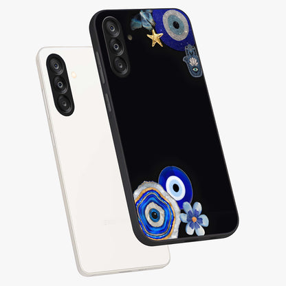 Aesthetic Blue Evil Eye Glass Case displayed in angled mockup highlighting blue evil eye symbol and spiritual aesthetic design.