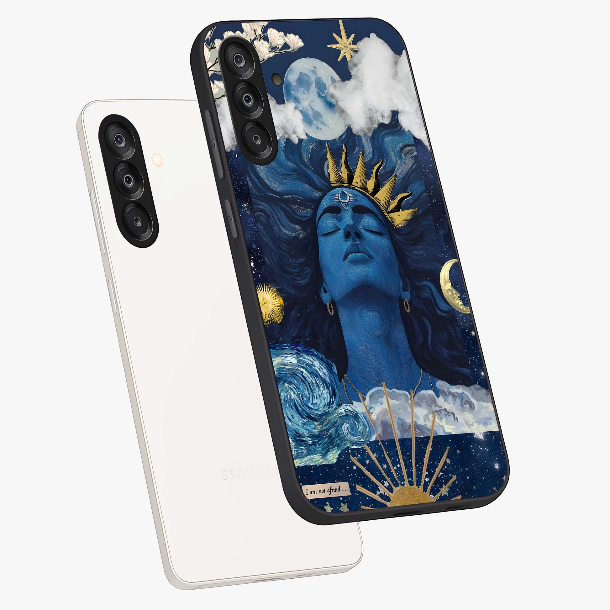 Aesthetic Lord Shiva Glass Case displayed in angled mockup highlighting spiritual Shiva illustration and sacred aesthetic design.