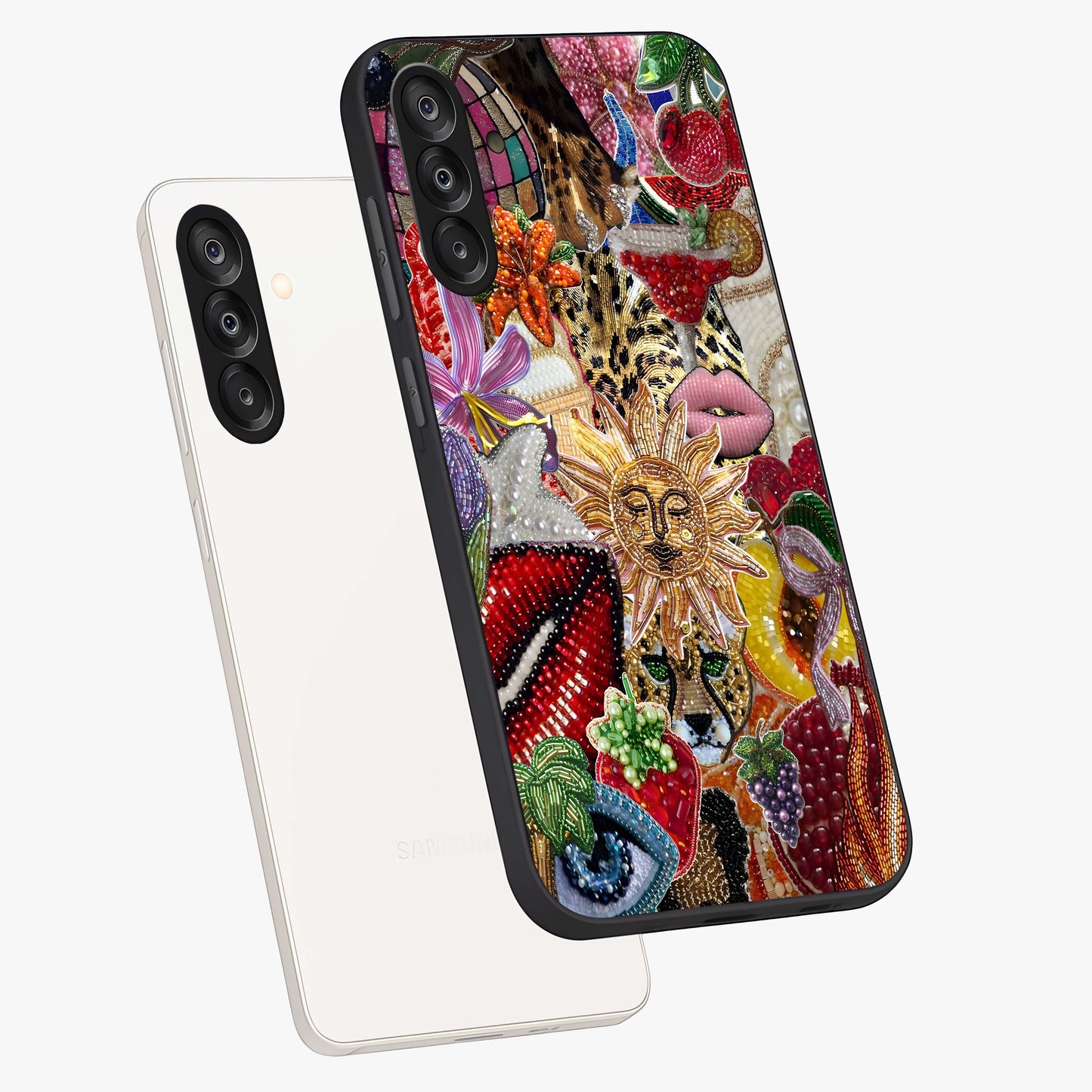 Beaded Fashion Jungle Glass Case displayed in angled mockup highlighting colorful fashion bead design and artistic pattern.