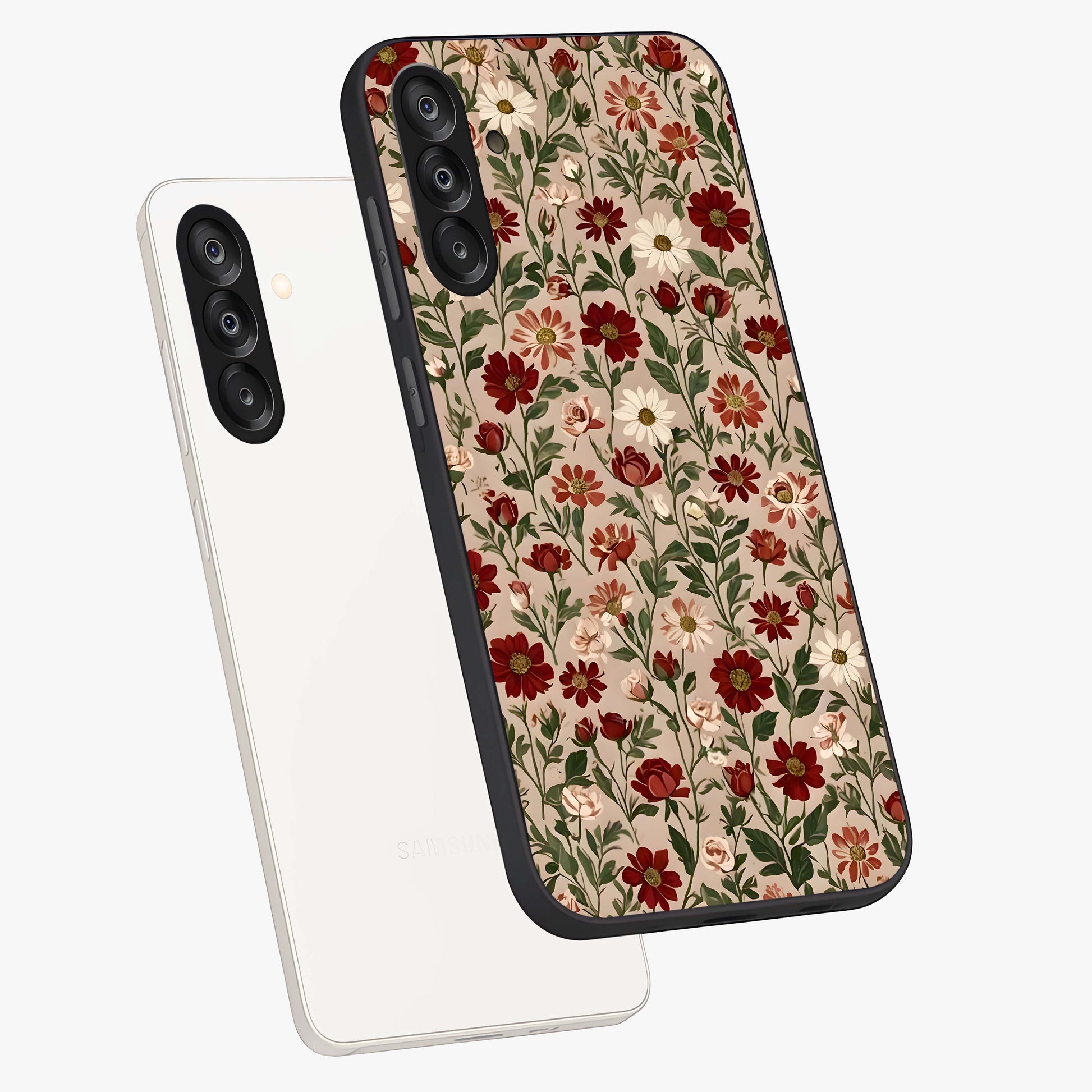 Biege Flower With Leaf Glass Case displayed in angled mockup highlighting minimal floral leaf design and elegant aesthetic.