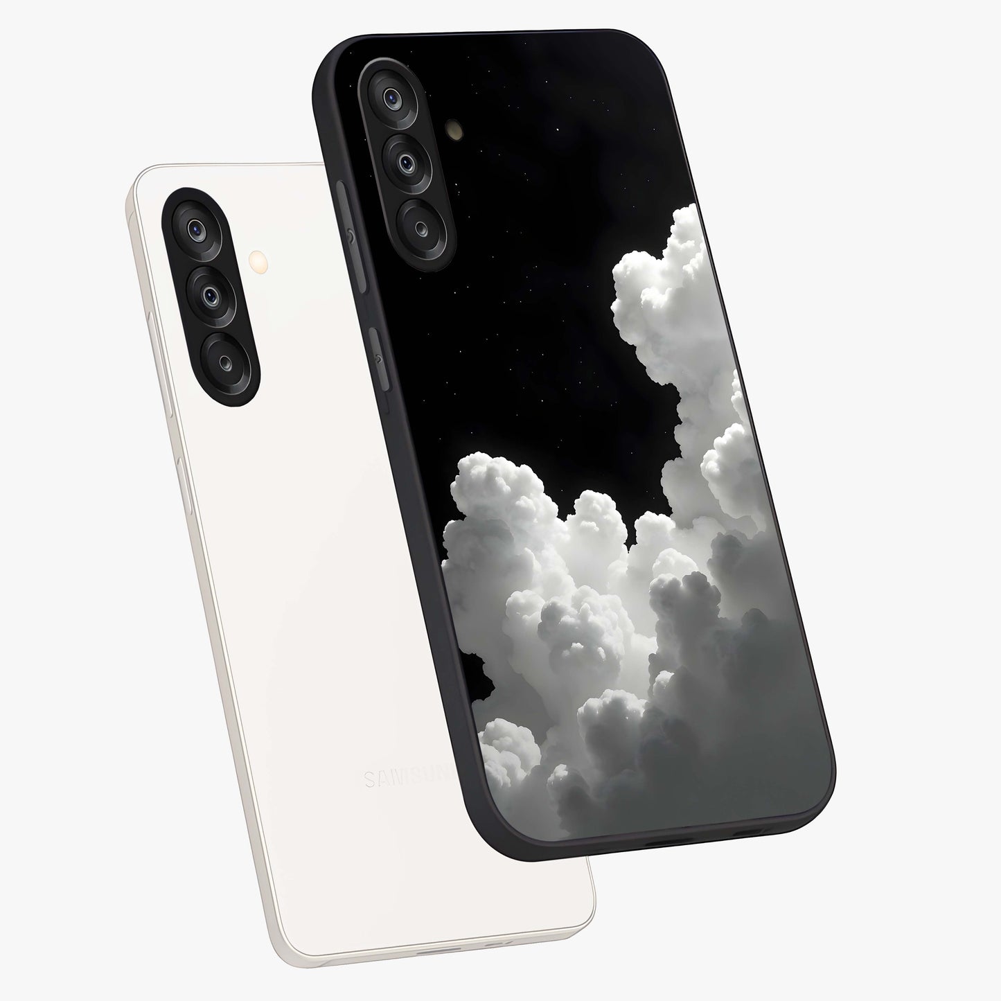 Black Background With White Cloud Glass Case displayed in angled mockup highlighting soft white cloud illustration and minimal design.