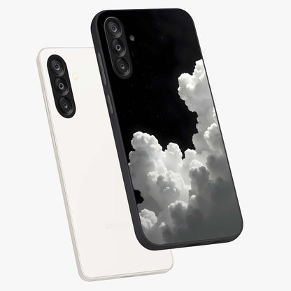 Black Background With White Cloud Glass Case displayed in angled mockup highlighting soft white cloud illustration and minimal design.