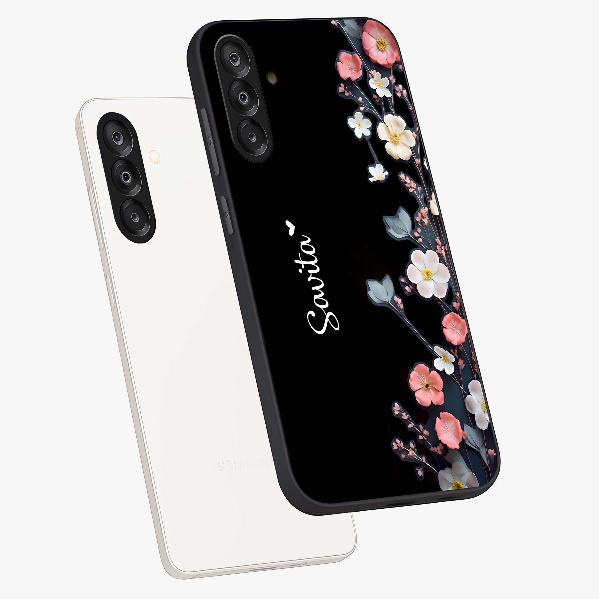 Black Elegance Floral Custom Name Glass Case displayed in angled mockup highlighting dark floral aesthetic and custom name feature.
