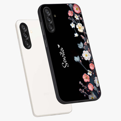 Black Elegance Floral Custom Name Glass Case displayed in angled mockup highlighting dark floral aesthetic and custom name feature.