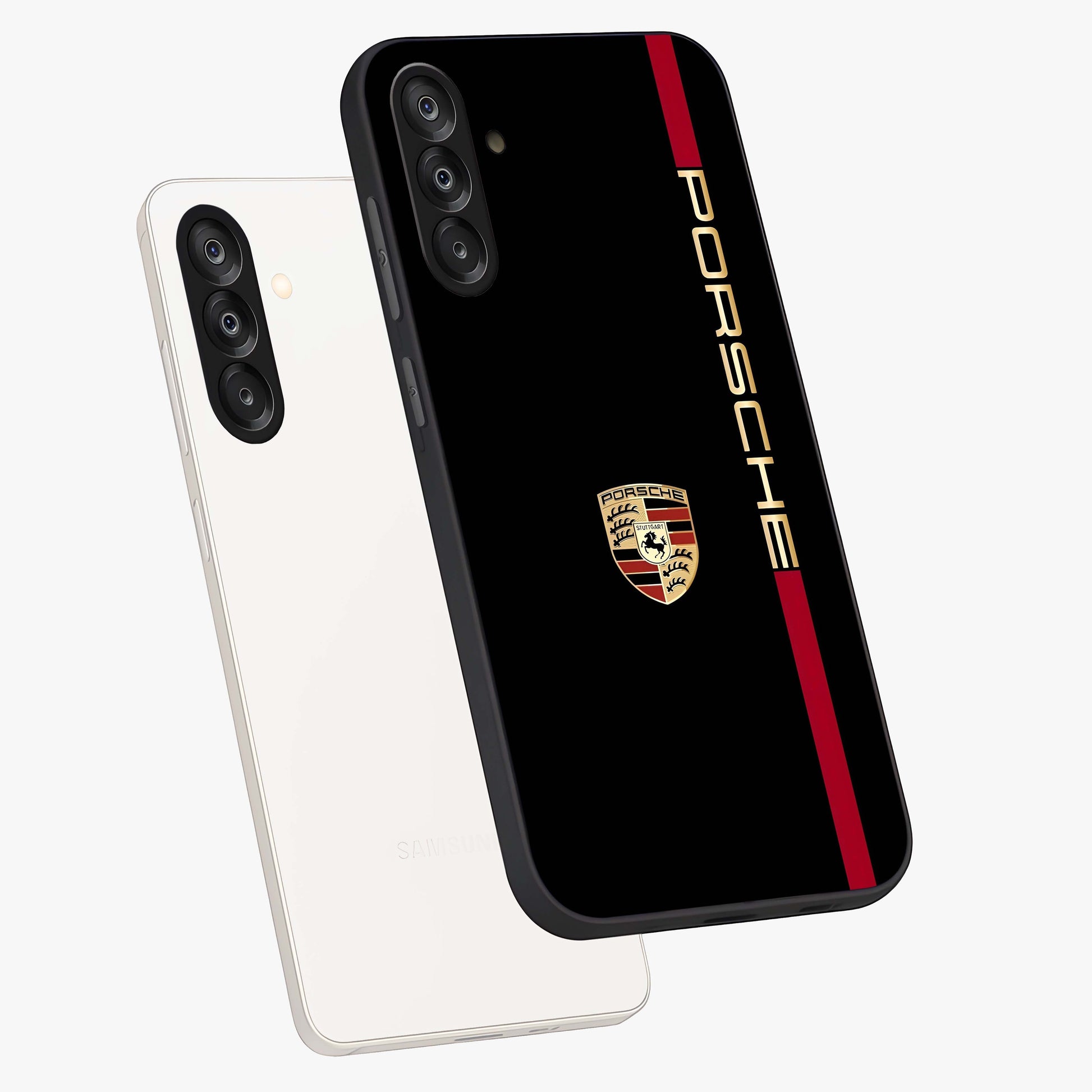 Black Minimal Porsche Glass Case displayed in angled mockup highlighting modern minimal car illustration and clean aesthetic design.