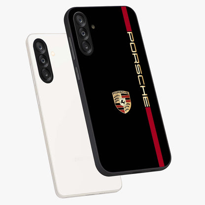Black Minimal Porsche Glass Case displayed in angled mockup highlighting modern minimal car illustration and clean aesthetic design.