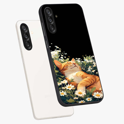 Blissful Bloom Cat Glass Case displayed in angled mockup highlighting playful feline illustration with soft floral aesthetic.