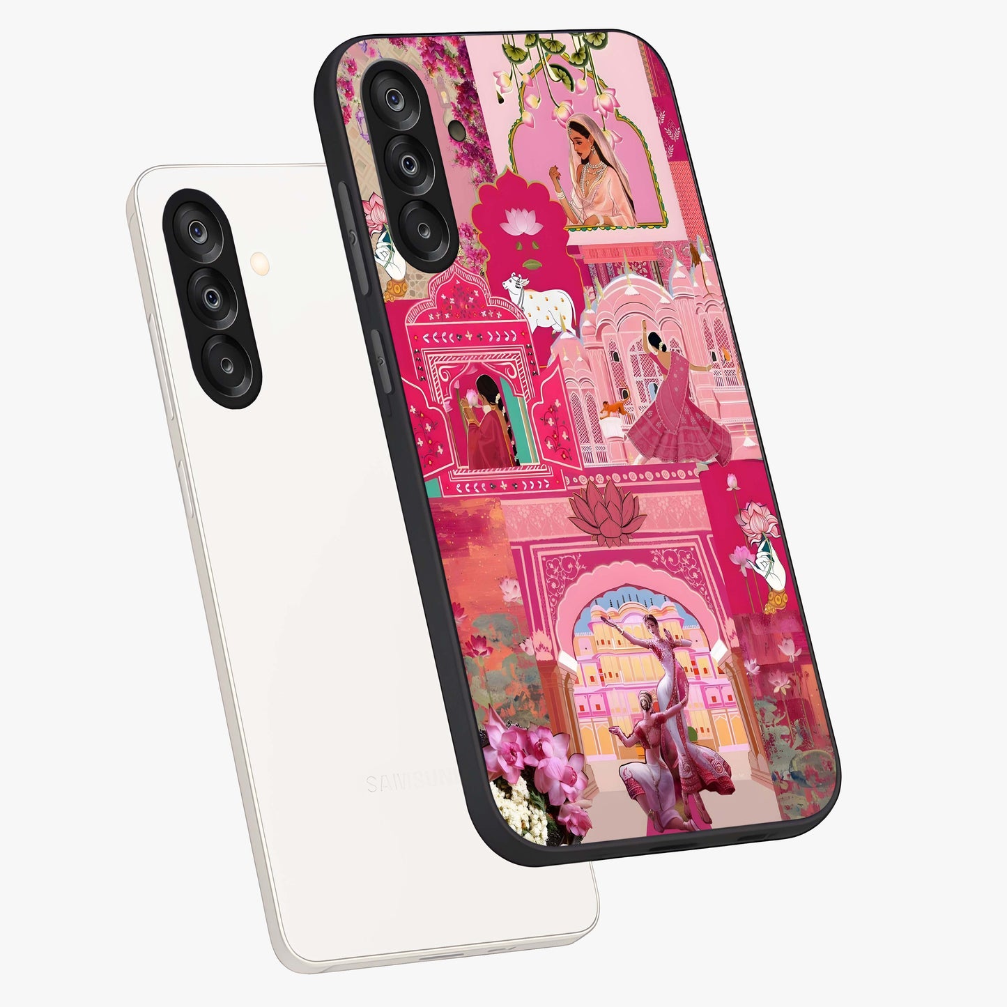 Blossoms of Rajasthan Glass Case displayed in angled mockup highlighting vibrant floral pattern with cultural aesthetic style.