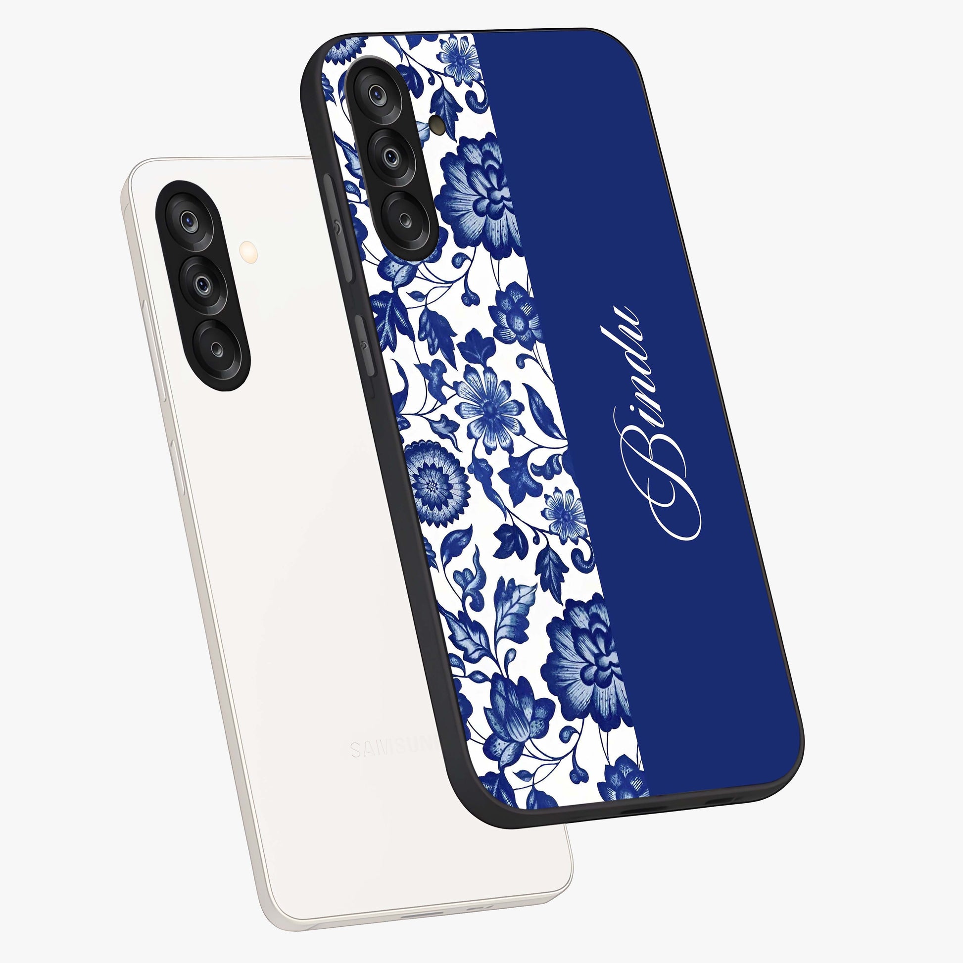 Blue Vintage Floral Pattern Glass Case displayed in angled mockup highlighting subtle bloom pattern with aesthetic pastel design.