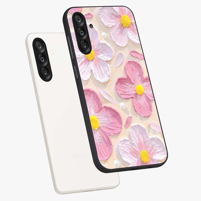 Blush Bloom Texture Glass Case displayed in angled mockup highlighting subtle bloom pattern with aesthetic pastel design.