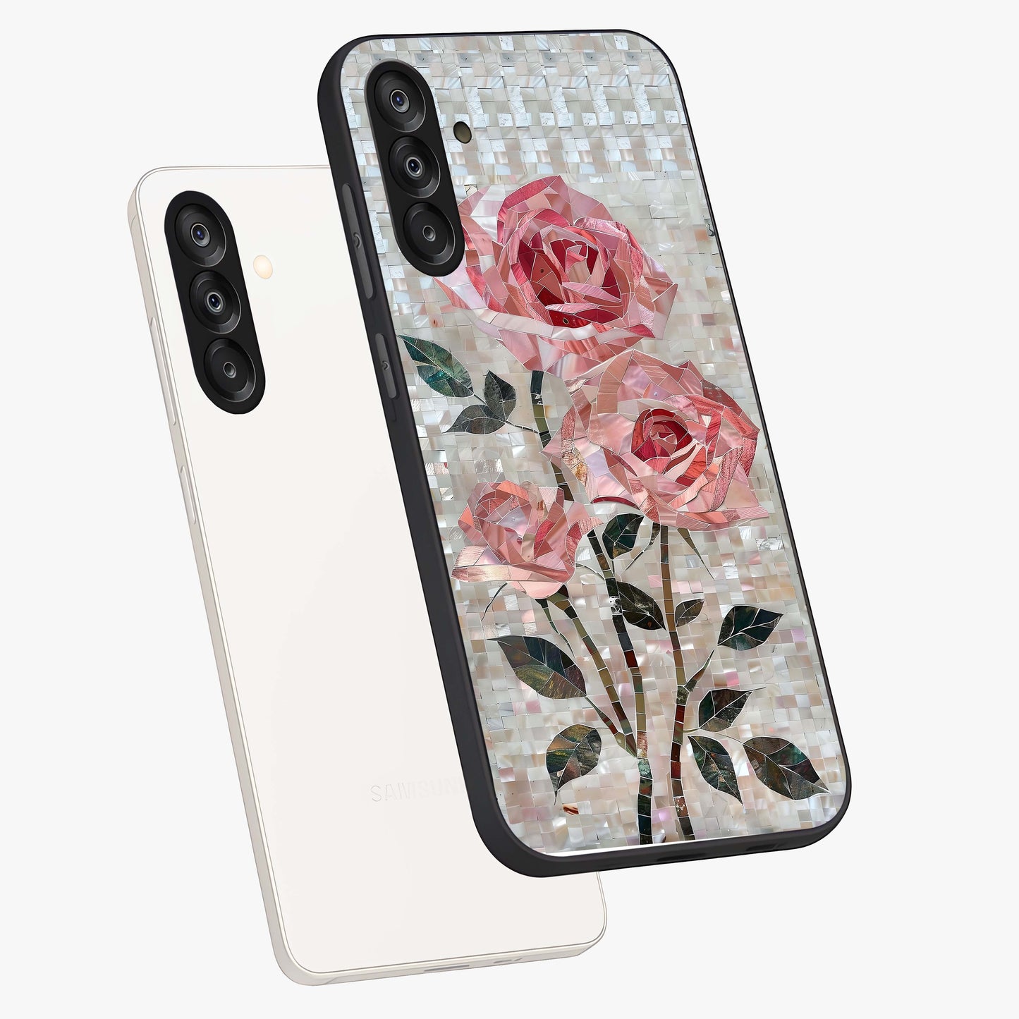 Blush Mosaic Bloom Glass Case displayed in angled mockup highlighting artistic mosaic flower pattern with aesthetic design.
