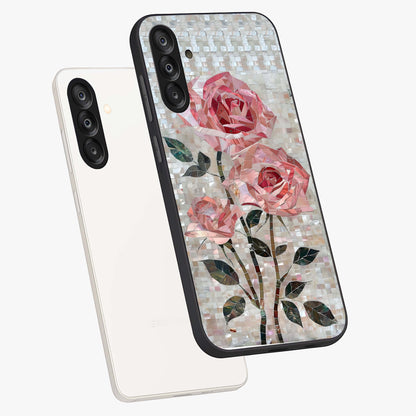 Blush Mosaic Bloom Glass Case displayed in angled mockup highlighting artistic mosaic flower pattern with aesthetic design.