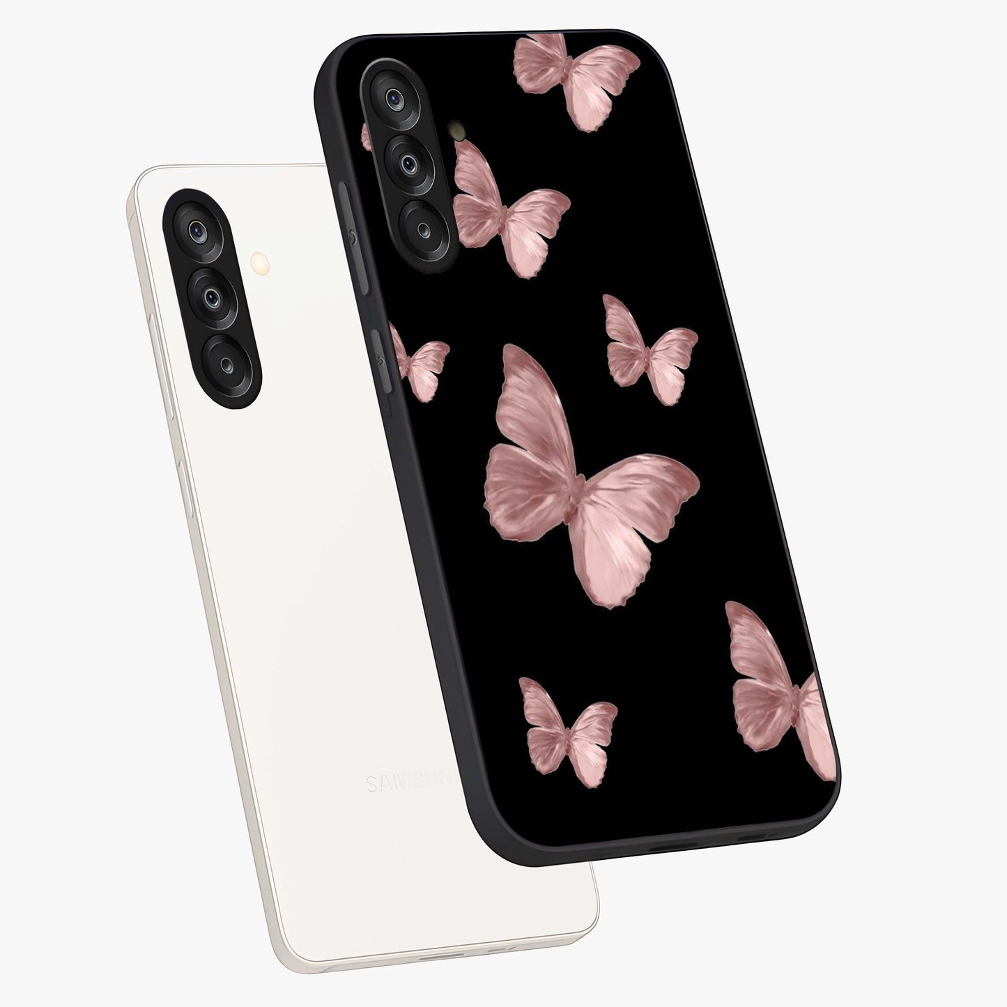 Butterfly Pattern Glass Case displayed in angled mockup highlighting delicate butterfly design and aesthetic pattern style.