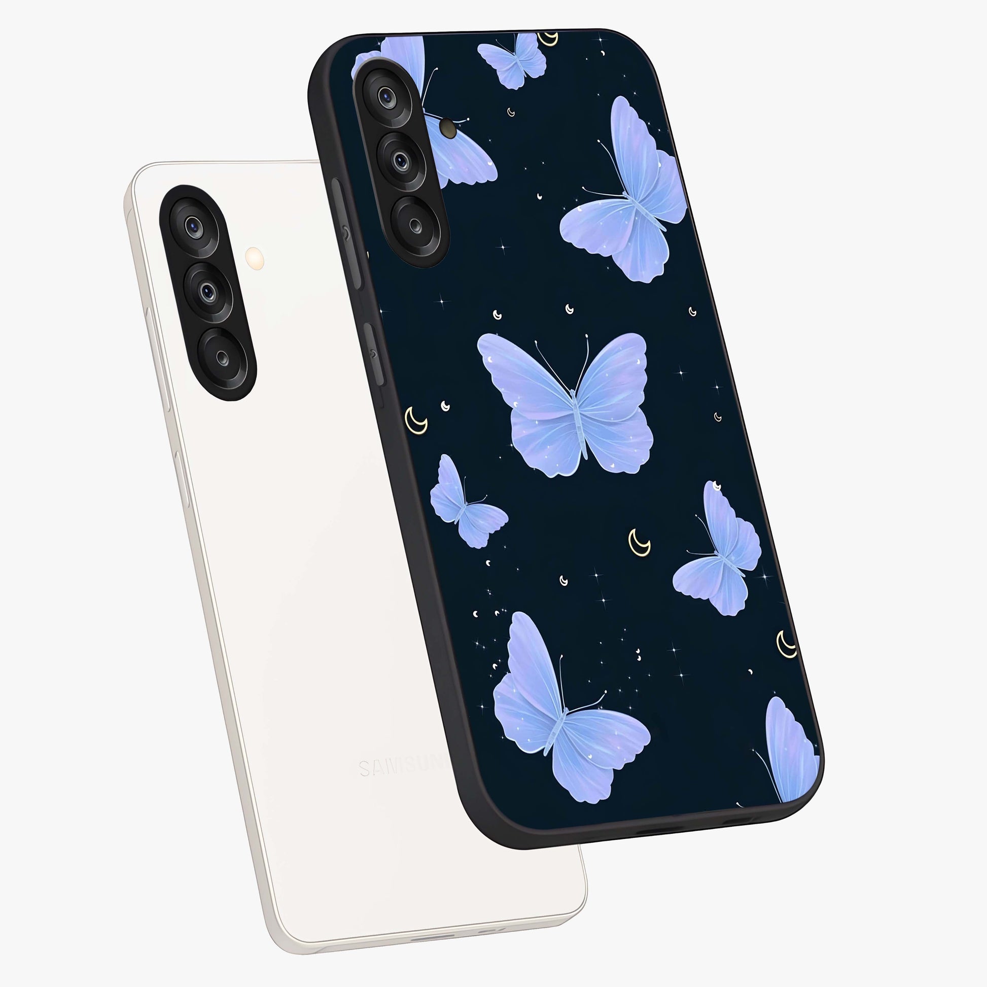 Butterfly With Stars Pattern Glass Case displayed in angled mockup highlighting dreamy butterfly and star design with aesthetic theme.