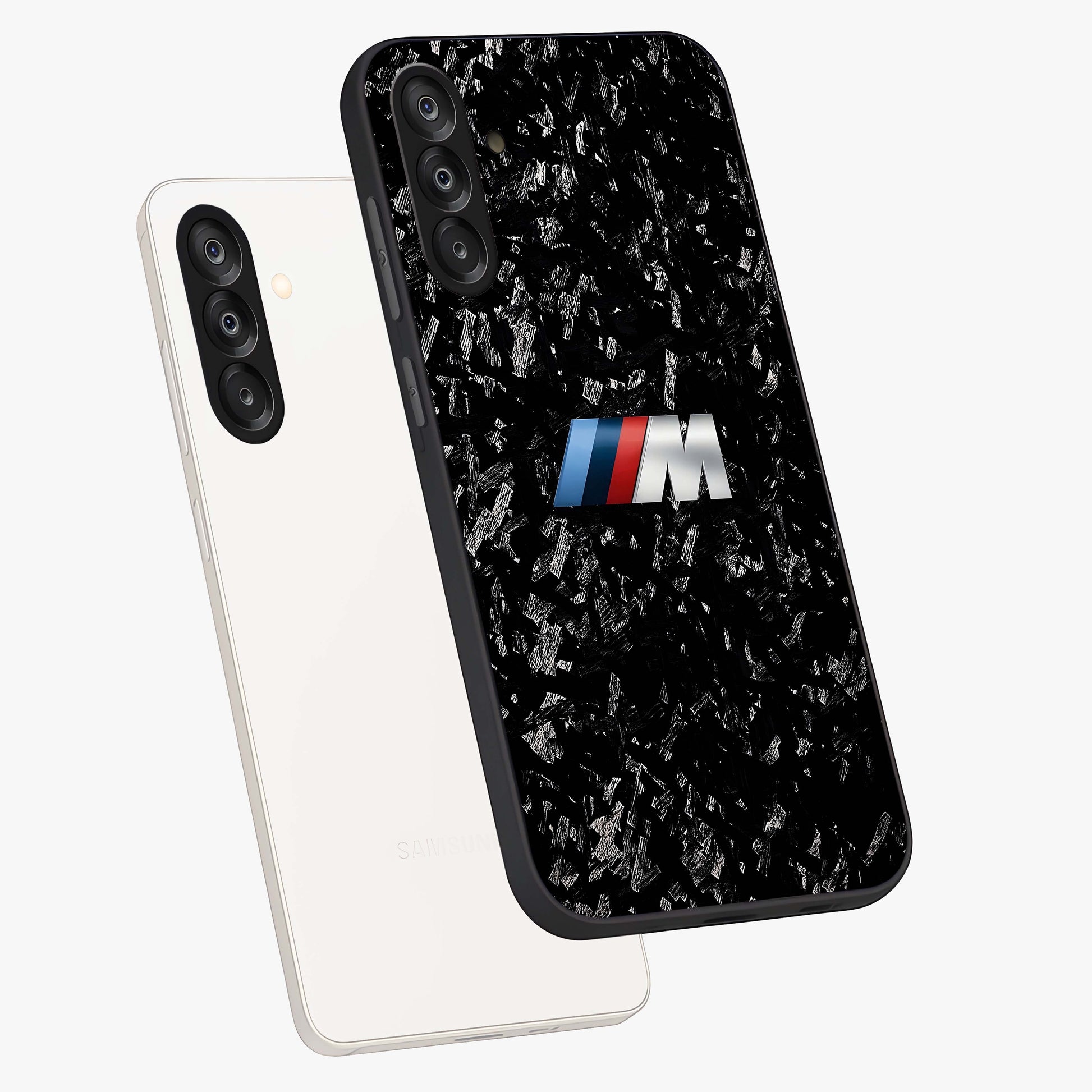 Carbon Speed Mark Glass Case displayed in angled mockup highlighting racing inspired carbon design and sleek aesthetic style.