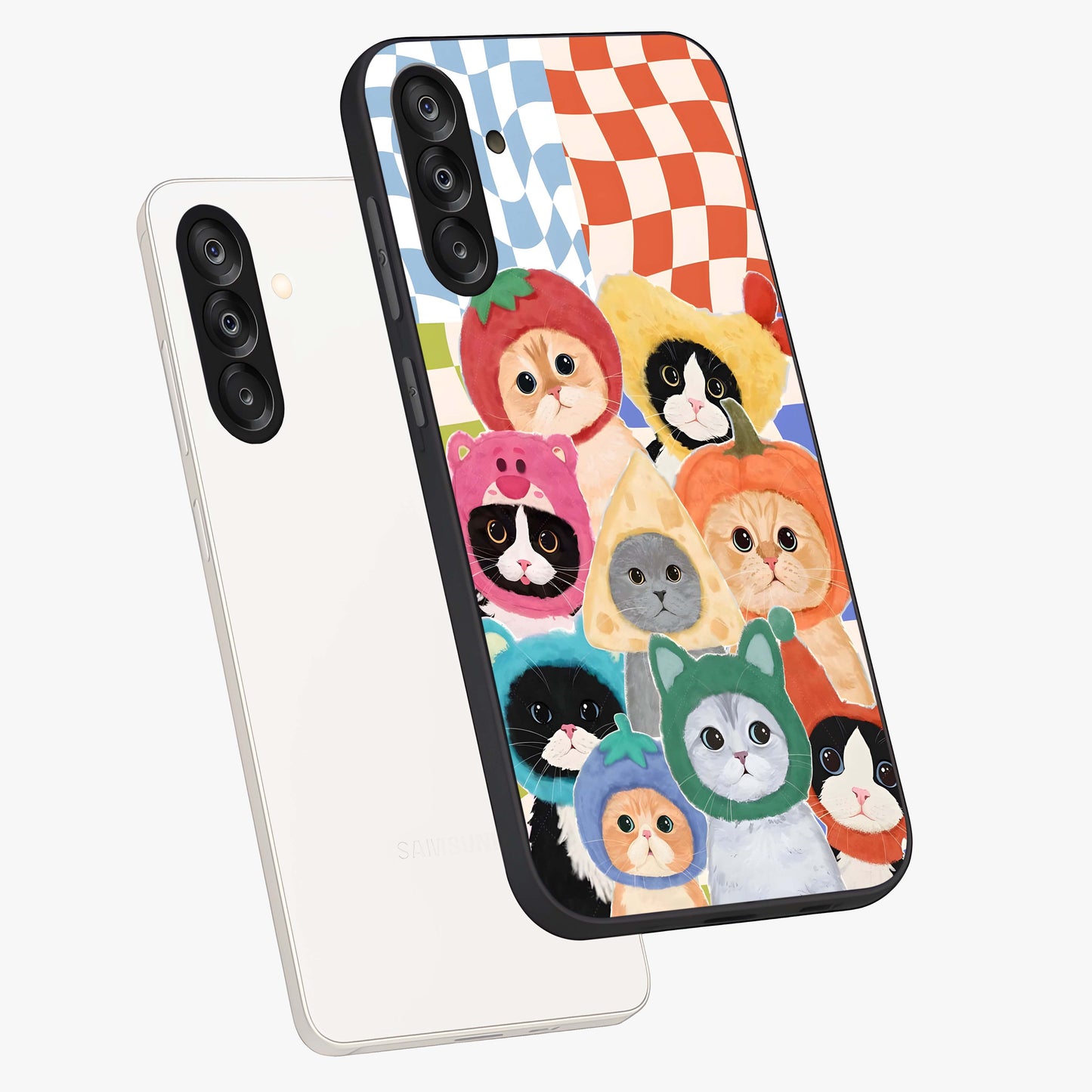 Cats in Fruits Glass Case displayed in angled mockup highlighting cute feline fruit design with colorful aesthetic style.
