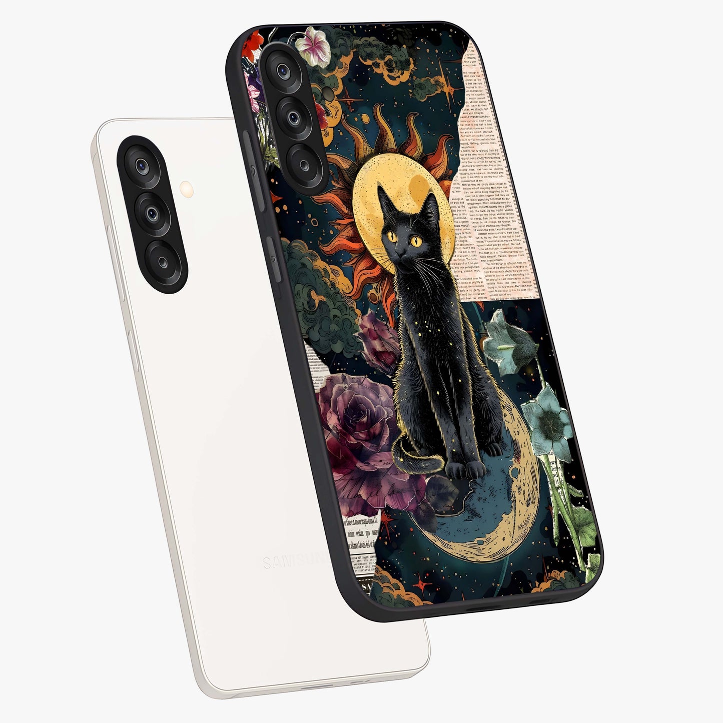 Celestial Black Cat Glass Case displayed in angled mockup highlighting cosmic black cat design with celestial aesthetic.
