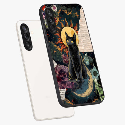 Celestial Black Cat Glass Case displayed in angled mockup highlighting cosmic black cat design with celestial aesthetic.
