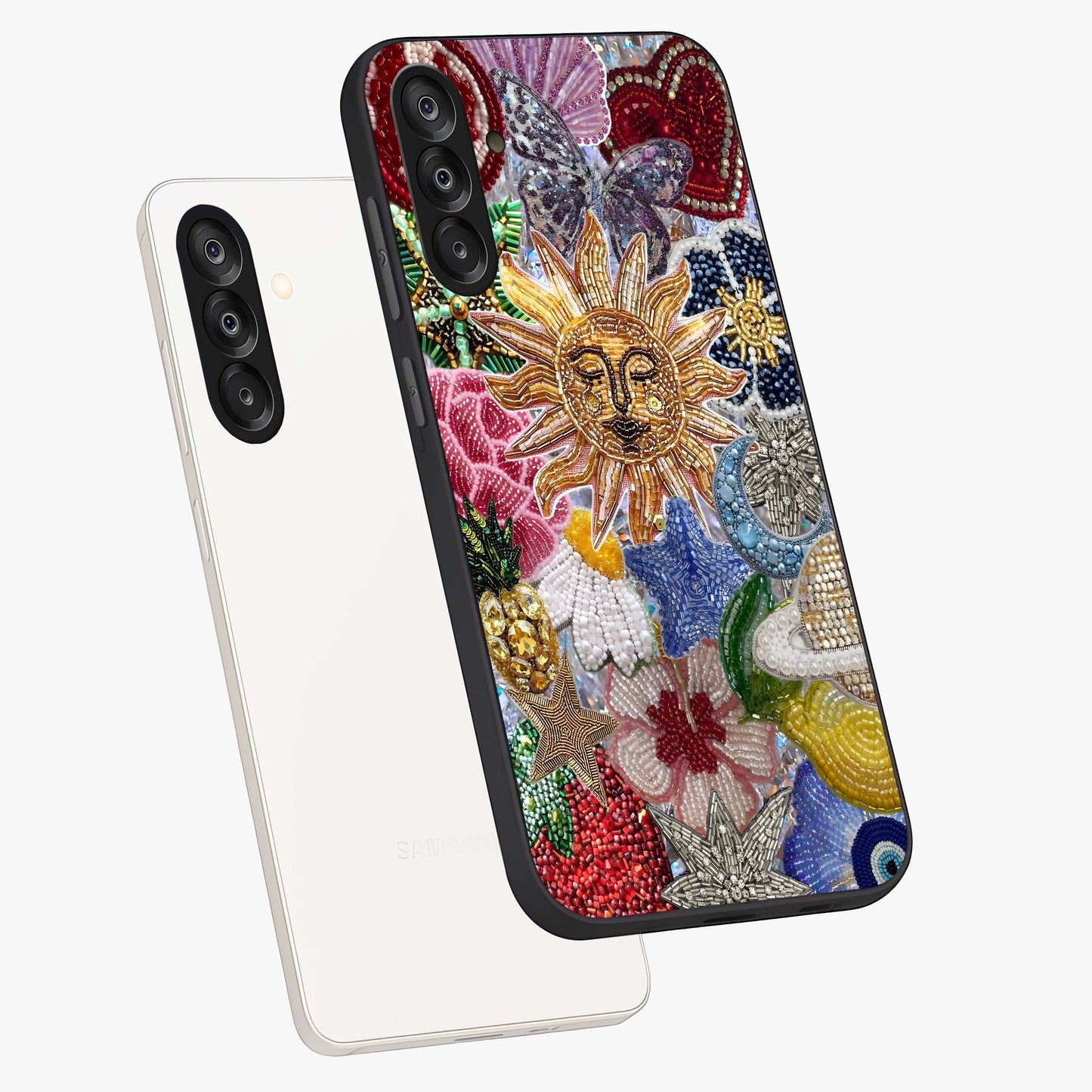 Celestial Floral and Playful Glass Case displayed in angled mockup highlighting playful floral design with dreamy celestial elements.