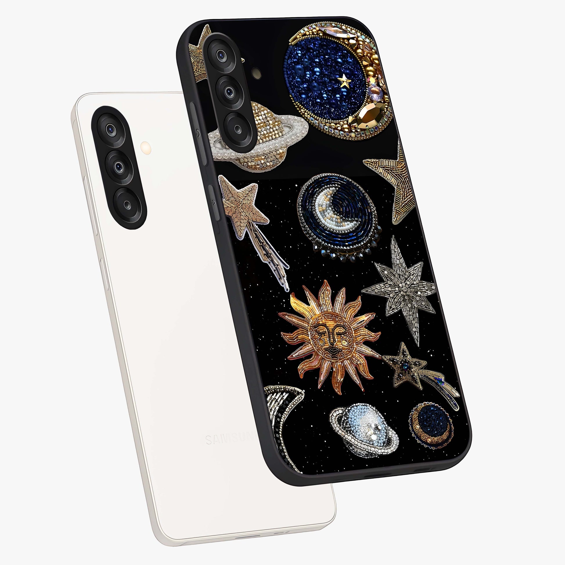Celestial Gem Constellations Glass Case displayed in angled mockup highlighting gemstone inspired constellation design.