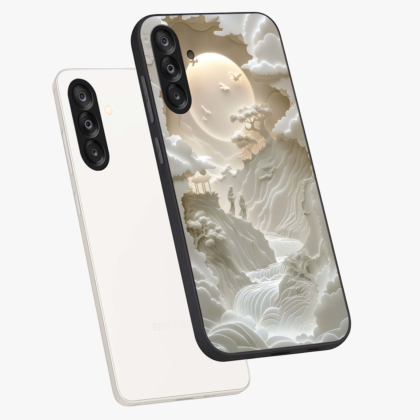 Celestial Origami Glass Case displayed in angled mockup highlighting geometric origami design with cosmic aesthetic theme.
