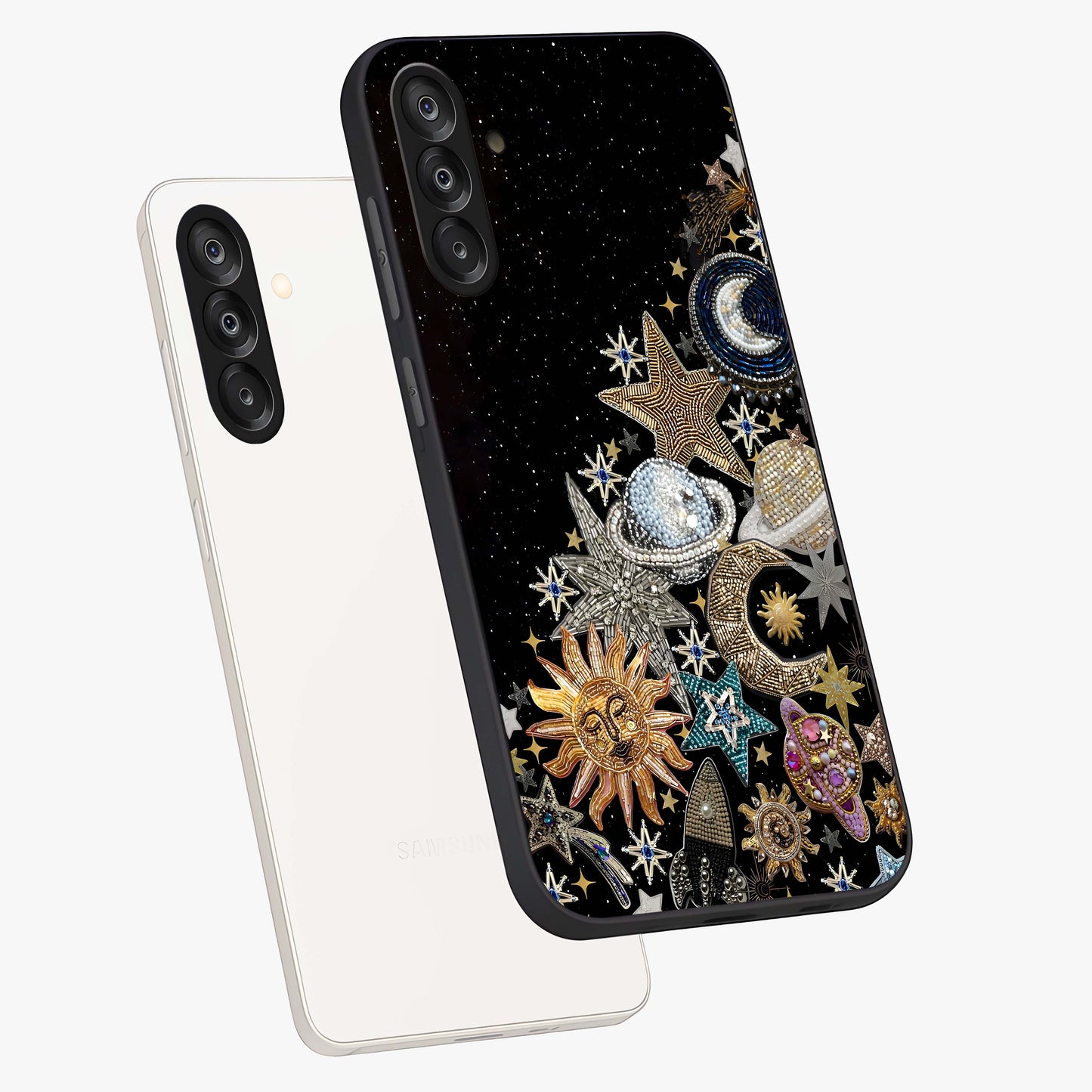 Cosmic Sparkle Dreams Glass Case displayed in angled mockup highlighting dreamy star sparkle design with celestial aesthetic.