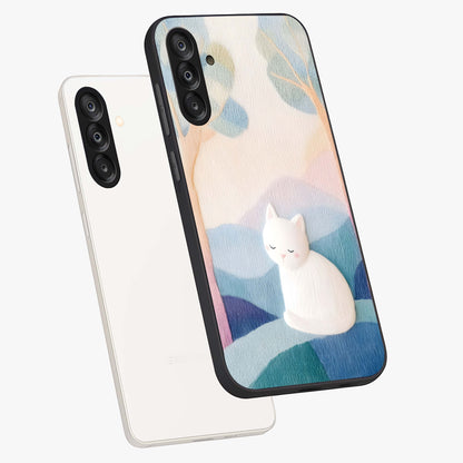 Cotton Dream Cat Glass Case displayed in angled mockup highlighting cute feline illustration with pastel aesthetic style.