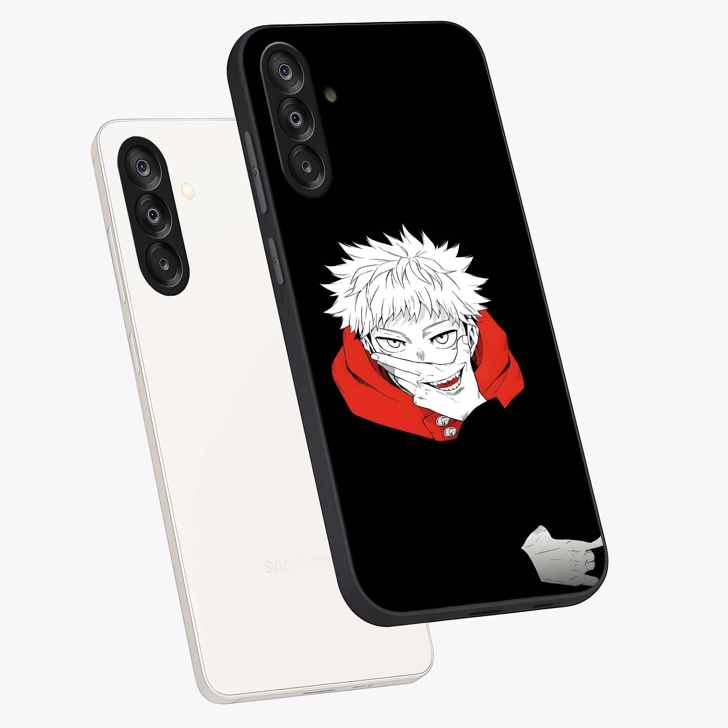 Crimson Chaos Smile Glass Case displayed in angled mockup highlighting edgy crimson smile design with graphic aesthetic.