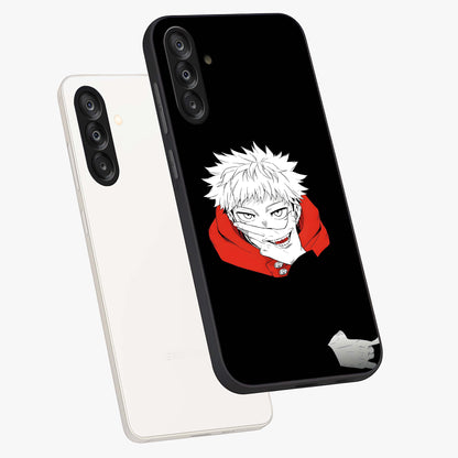 Crimson Chaos Smile Glass Case displayed in angled mockup highlighting edgy crimson smile design with graphic aesthetic.