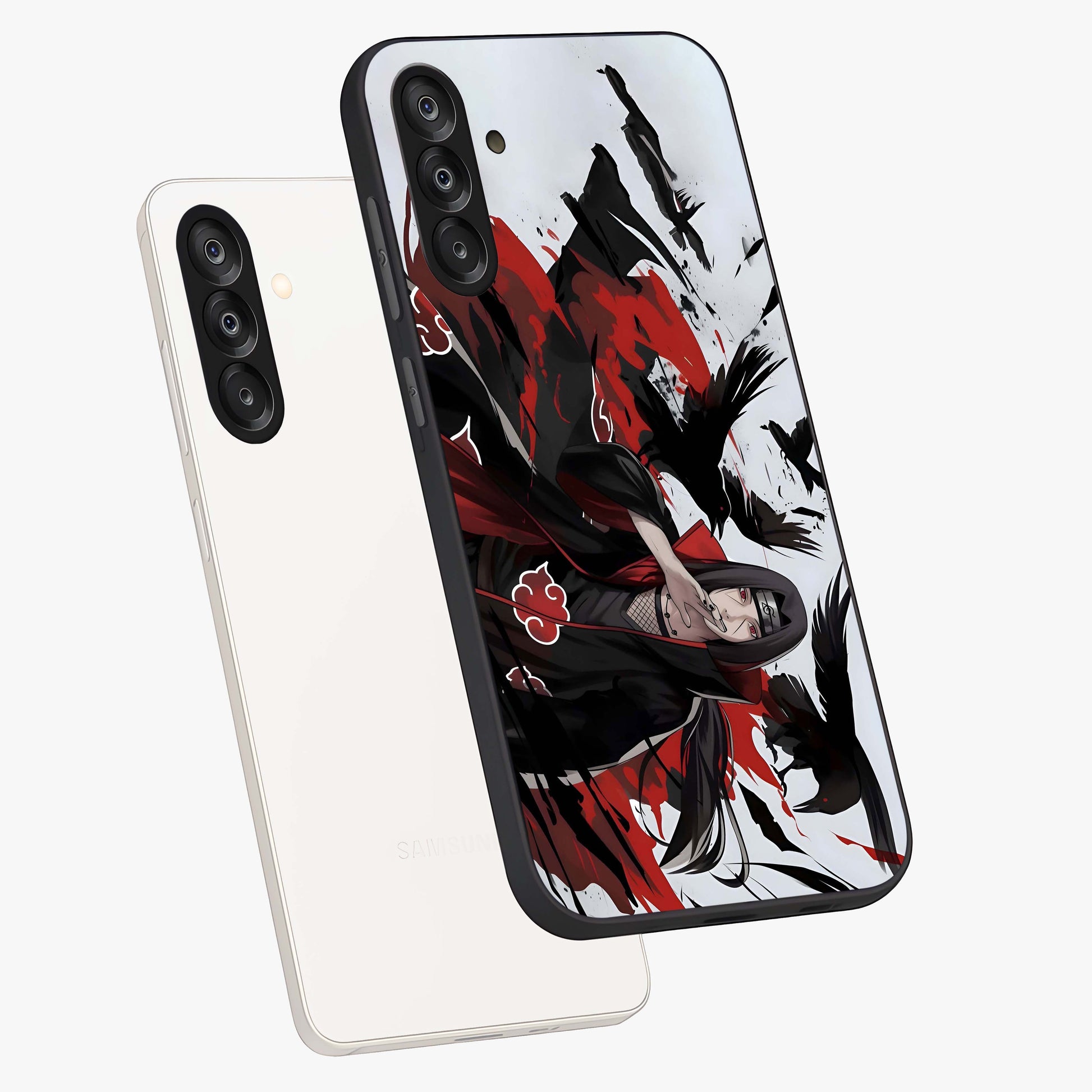 Crimson Crow Illusion Glass Case displayed in angled mockup highlighting mysterious crow graphic with dark aesthetic style.