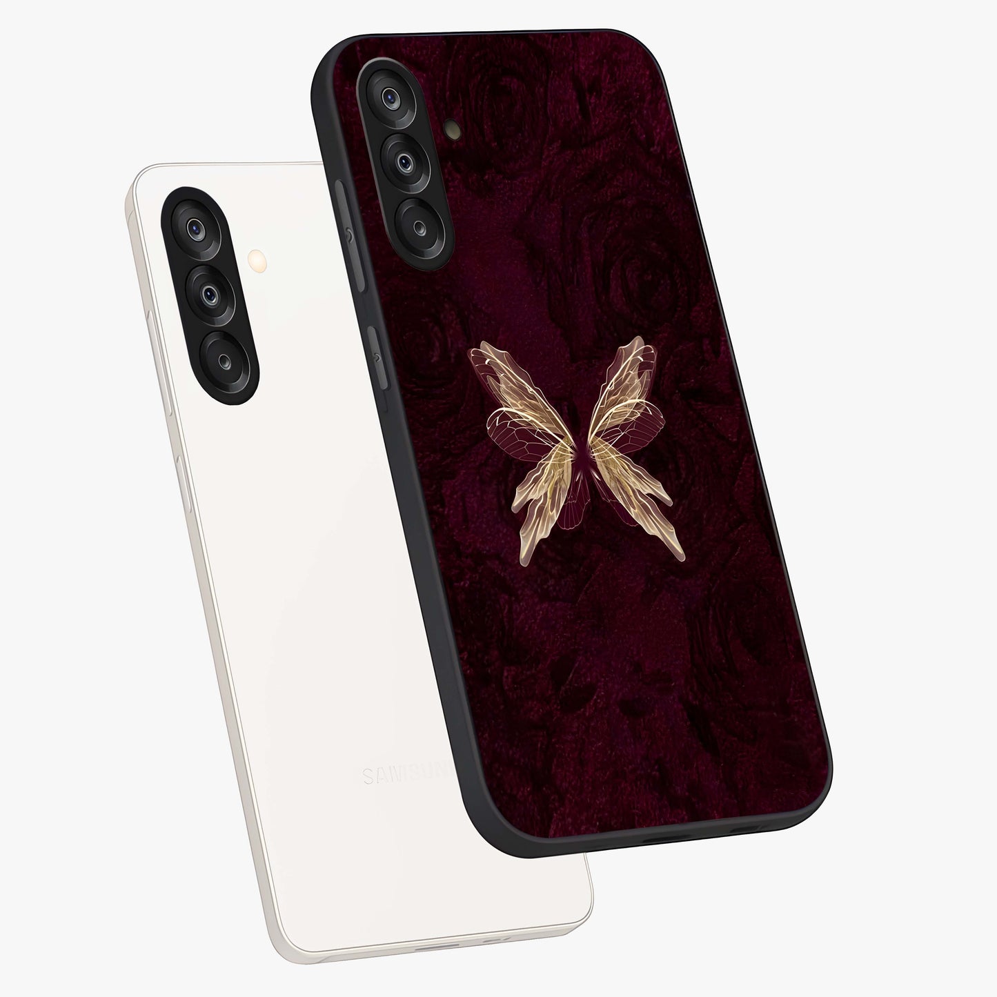 Crimson Fade Butterfly Glass Case displayed in angled mockup highlighting elegant butterfly design with crimson gradient aesthetic.