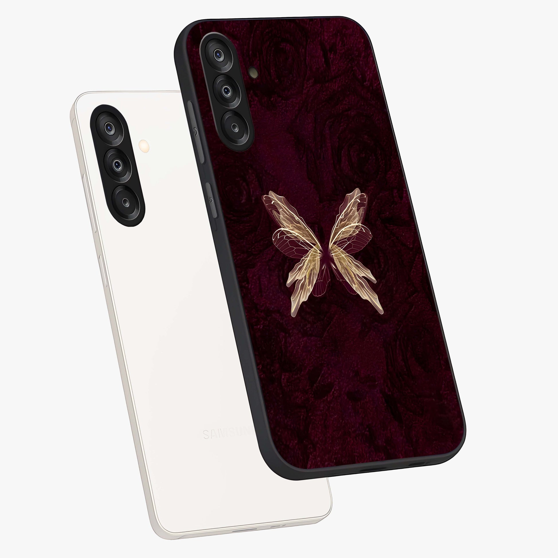 Crimson Fade Butterfly Glass Case displayed in angled mockup highlighting elegant butterfly design with crimson gradient aesthetic.