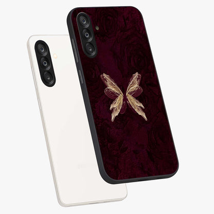 Crimson Fade Butterfly Glass Case displayed in angled mockup highlighting elegant butterfly design with crimson gradient aesthetic.